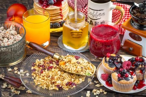 Breakfast composition in the kitchen Stock Photos