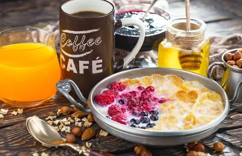 Breakfast composition in the kitchen Stock Photos