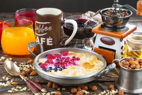 Breakfast composition in the kitchen Stock Photos