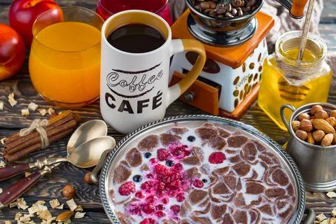Breakfast composition in the kitchen Stock Photos
