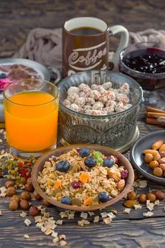 Breakfast composition in the kitchen Stock Photos