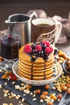 Breakfast composition in the kitchen Stock Photos