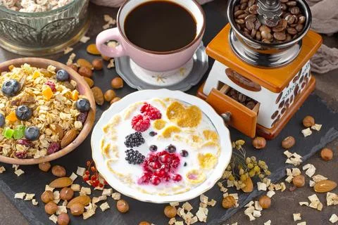 Breakfast composition in the kitchen Stock Photos
