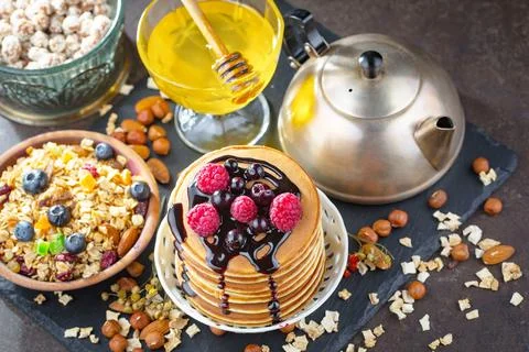 Breakfast composition in the kitchen Stock Photos