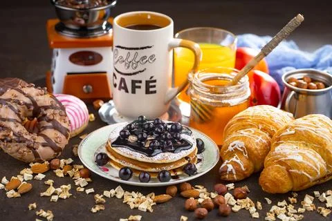 Breakfast composition in the kitchen Stock Photos