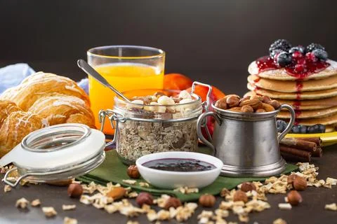 Breakfast composition in the kitchen Stock Photos