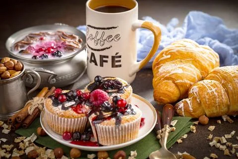 Breakfast composition in the kitchen Stock Photos