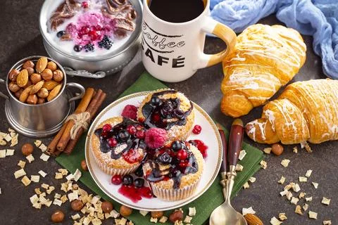 Breakfast composition in the kitchen Stock Photos