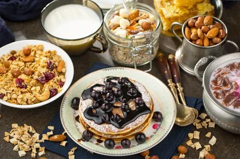 Breakfast composition in the kitchen Stock Photos