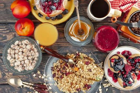 Breakfast composition in the kitchen Stock Photos