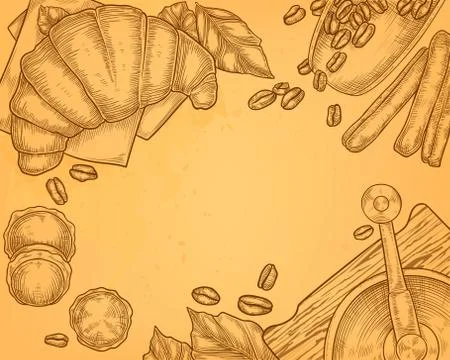 Breakfast concept, hand drawn coffee, croissant Stock Illustration