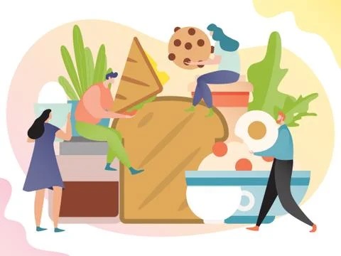 Breakfast concept, tiny people cartoon characters eating sandwich and egg, flat 스톡 일러스트