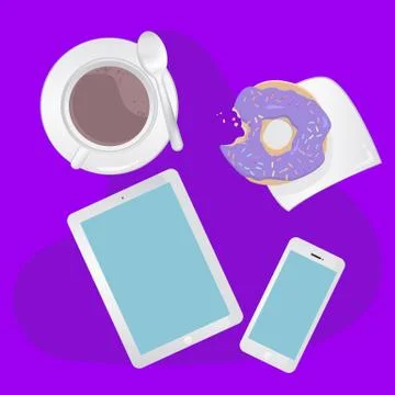 Breakfast concept top view. Set smartphone, tablet, coffee and donut イラスト素材