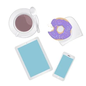 Breakfast concept top view. Set smartphone, tablet, coffee and donut Stock Illustration