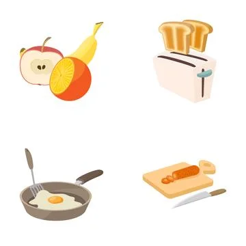 Breakfast cooking ingredients and kitchenware flat icons Stock Illustration