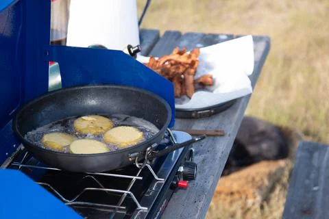 Breakfast cookout while camping Stock Photos