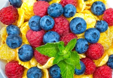 Breakfast of cornflakes and berries, Berry 库存照片