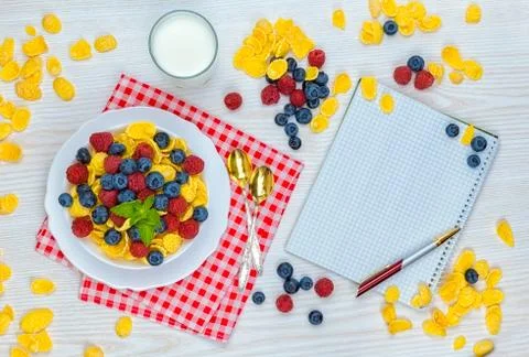 Breakfast of cornflakes and berries Stock Photos