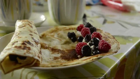 Breakfast of cottage cheese pan cake on the table 스톡 동영상 137883274