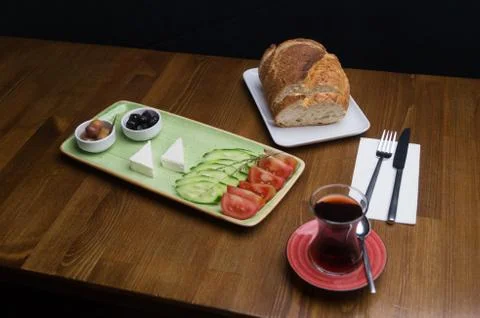 At breakfast, cucumber tomato cheese olive tray Stock Photos