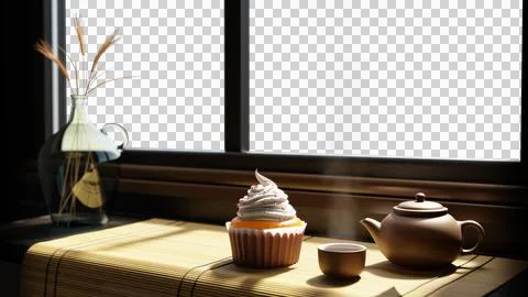 Breakfast cup cake and tea on table inside the room. Stock Photos