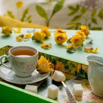 Breakfast with a cup of tea on a tray Stock Photos