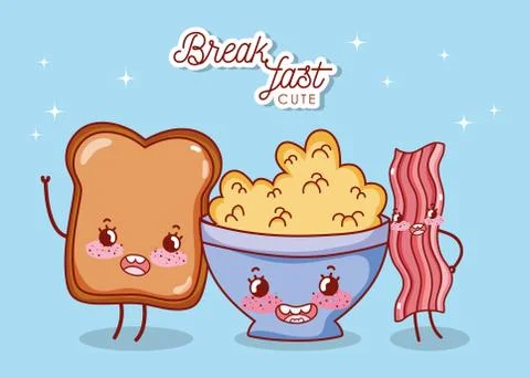 Breakfast cute cereal bread and bacon cartoon 스톡 일러스트