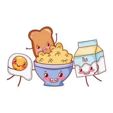 Breakfast cute cereal fried egg bread and milk kawaii cartoon Stock Illustration