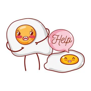 Breakfast cute fried eggs with help text kawaii cartoon Stock Illustration