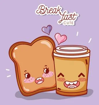 Breakfast cute slice bread and disposable coffee cup cartoon Illustrazione stock