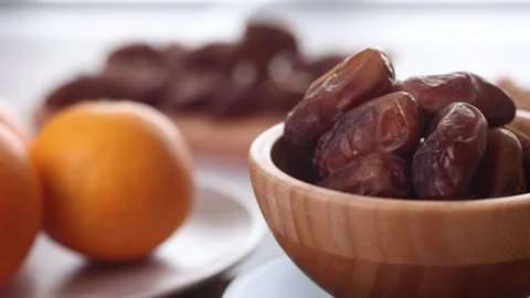 Breakfast with dates and cereal. video 4k Stock Footage 307627642