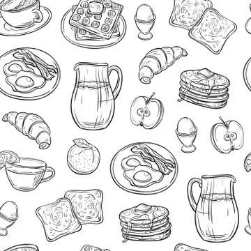 Breakfast doodle pattern. Pancakes jam cheese yogurt sausage tea bread and eggs Stock Illustration
