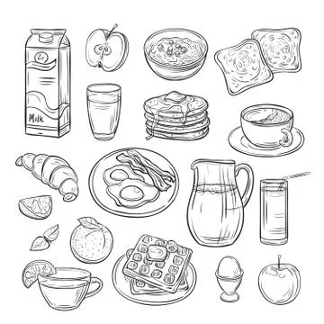 Breakfast doodle. Sandwich bread toast egg butter, morning coffee and cheese Stock Illustration