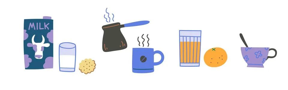 Breakfast drinks, coffee, orange juice, milk and tea. Hand-drawn vector des.. Stock-Illustration