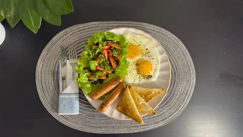 Breakfast eating process sequence from full plate with fried eggs, sausages.. Stock Photos