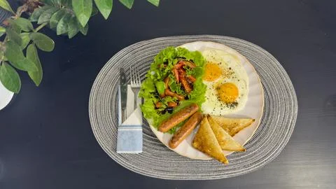 Breakfast eating process sequence from full plate with fried eggs, sausages.. Stock Photos