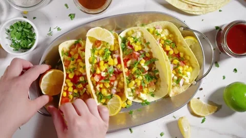 Breakfast Egg Tacos with Scrambled Egg and Vegetable Salad Video stock 337055298
