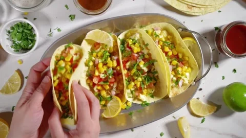 Breakfast Egg Tacos with Scrambled Egg and Vegetable Salad Stock Footage 337055305