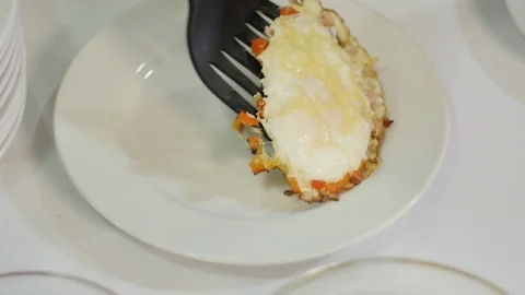 Breakfast Eggs with Cheese. White Plate Stock Footage 98149178