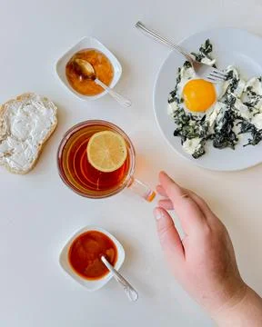 Breakfast, flat lay on a white background Fotos Stock