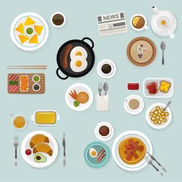 Breakfast flat top view set icons silhouette illustrations Stock Illustration