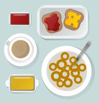 Breakfast flat top view set icons silhouette illustrations Stock Illustration