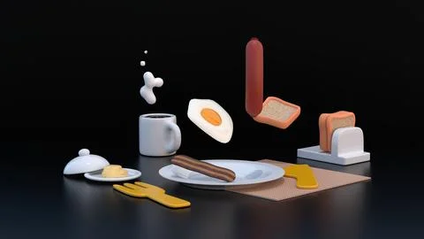 Breakfast food 3d realistic render 3d render icon set. coffee, egg, sauce, .. Stock Illustration
