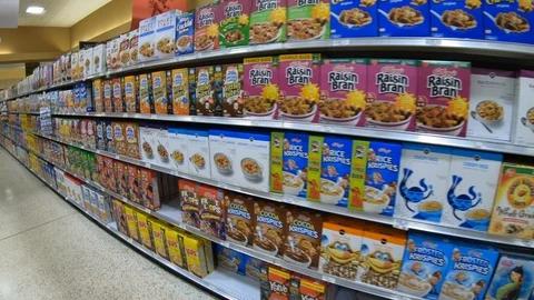 Breakfast Food Cereals Snacks Cookies On American Supermarket Store Shelves Stock Footage 103274345