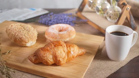 Breakfast food, donuts, bread, coffee Stock Footage 126310234