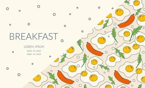 Breakfast food pattern with eggs, sausages, and greens on a diagonal backgr.. Stock Illustration
