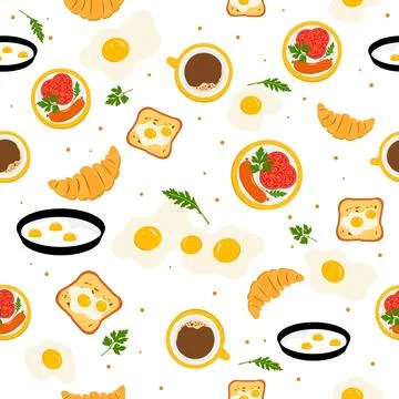Breakfast food pattern with eggs, toast, coffee, croissants, and herbs on a.. イラスト素材