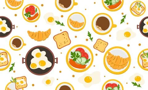 Breakfast food pattern with eggs, toast, coffee, croissant, vegetables on w.. Illustrazione stock
