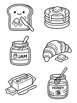 Breakfast food set vector illustration featuring bread pancakes jam butter Illustrazione stock