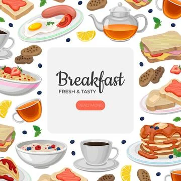 Breakfast food web banner template. Fresh and nutritious morning food landing Stock Illustration